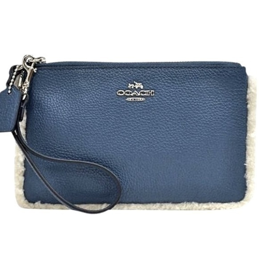 Coach Blue Leather Shearling Wristlet Clutch